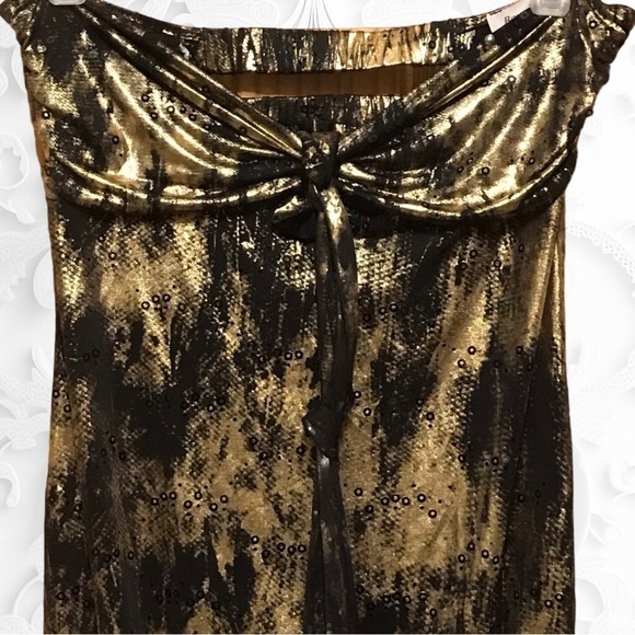 Black/Gold Strapless Long Form Fitted Top With Cut Outs In Back Front Long Tie - Picture 2 of 3